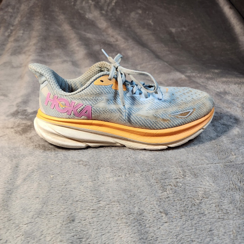 Hoka One One Women's Light Blue and Yellow Athletic Running Shoe with Pink Logo